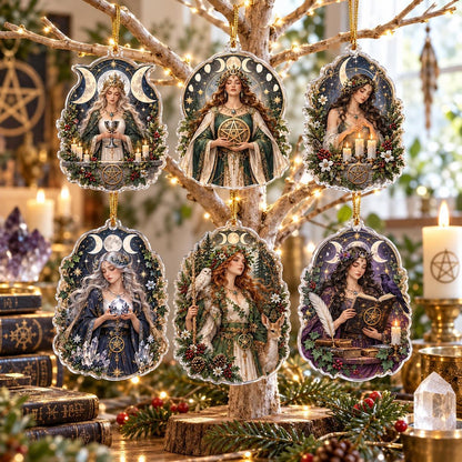Wiccan Moon Goddess Acrylic Ornament Set – Triple Moon Yule Decor – set of 6, another view