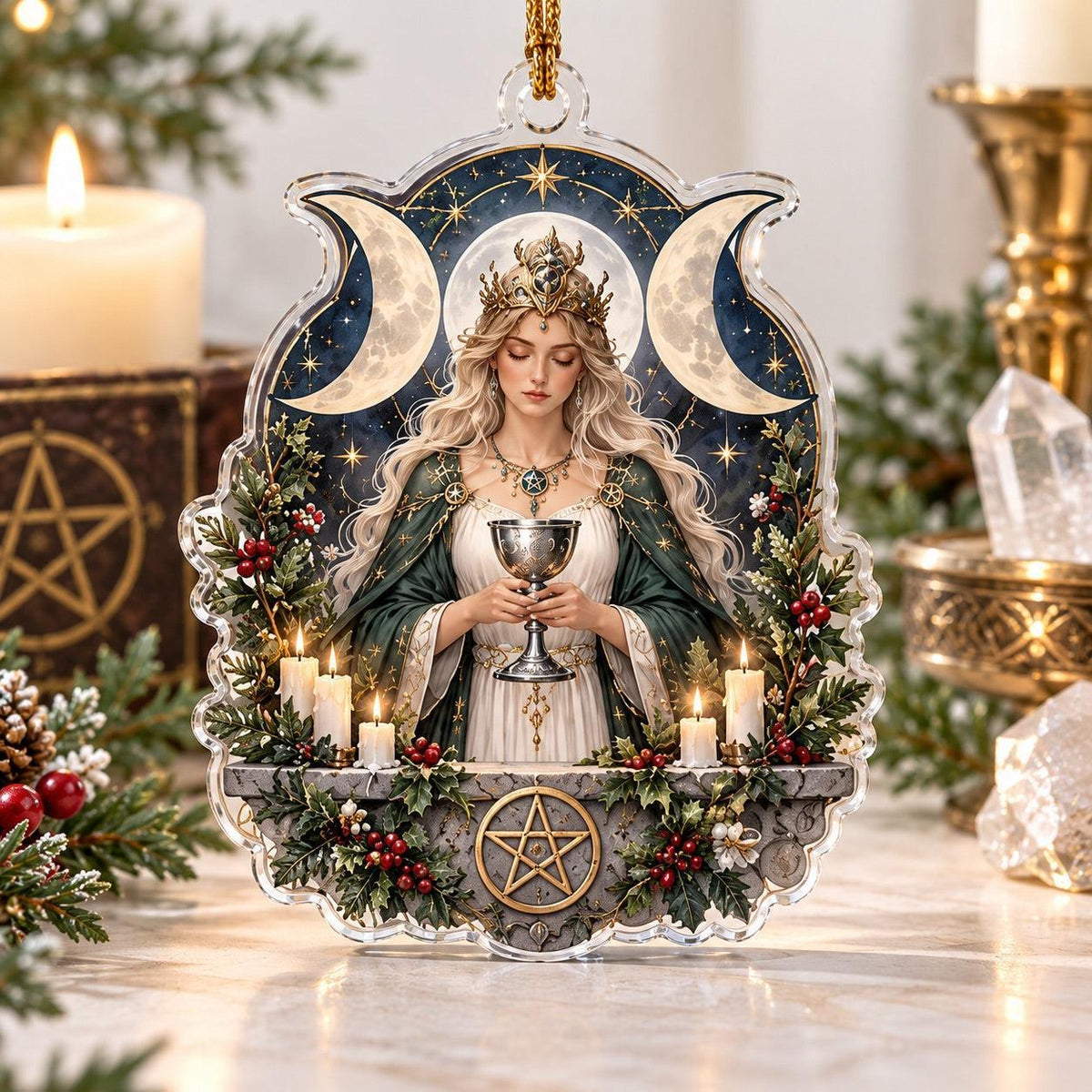 Wiccan Moon Goddess Acrylic Ornament Set – Triple Moon Yule Decor – Moon Altar Goddess ornament