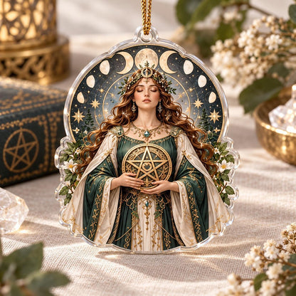 Wiccan Moon Goddess Acrylic Ornament Set – Triple Moon Yule Decor – Pentacle Priestess ornament