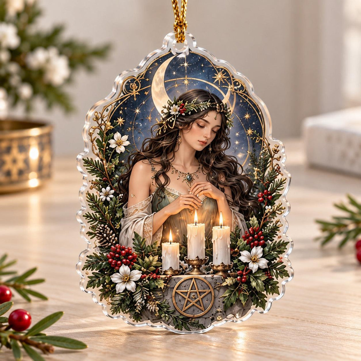 Wiccan Moon Goddess Acrylic Ornament Set – Triple Moon Yule Decor – Candle Ritual Goddess ornament