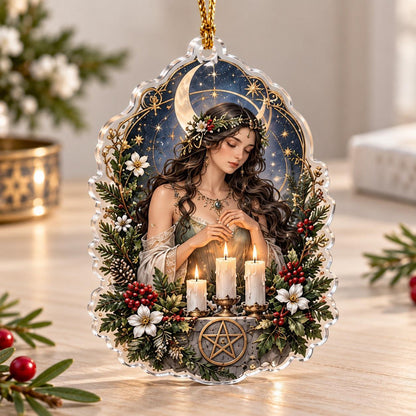 Wiccan Moon Goddess Acrylic Ornament Set – Triple Moon Yule Decor – Candle Ritual Goddess ornament
