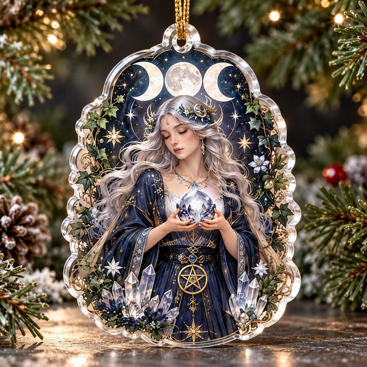 Wiccan Moon Goddess Acrylic Ornament Set – Triple Moon Yule Decor – Crystal Moon Goddess ornament