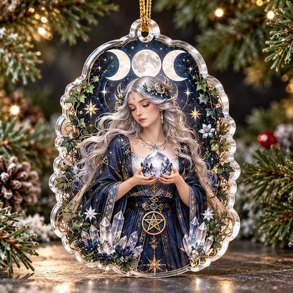 Wiccan Moon Goddess Acrylic Ornament Set – Triple Moon Yule Decor – Crystal Moon Goddess ornament