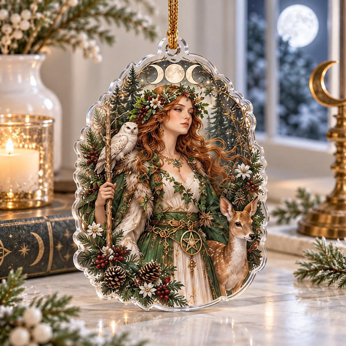 Wiccan Moon Goddess Acrylic Ornament Set – Triple Moon Yule Decor – Sacred Grove Goddess ornament
