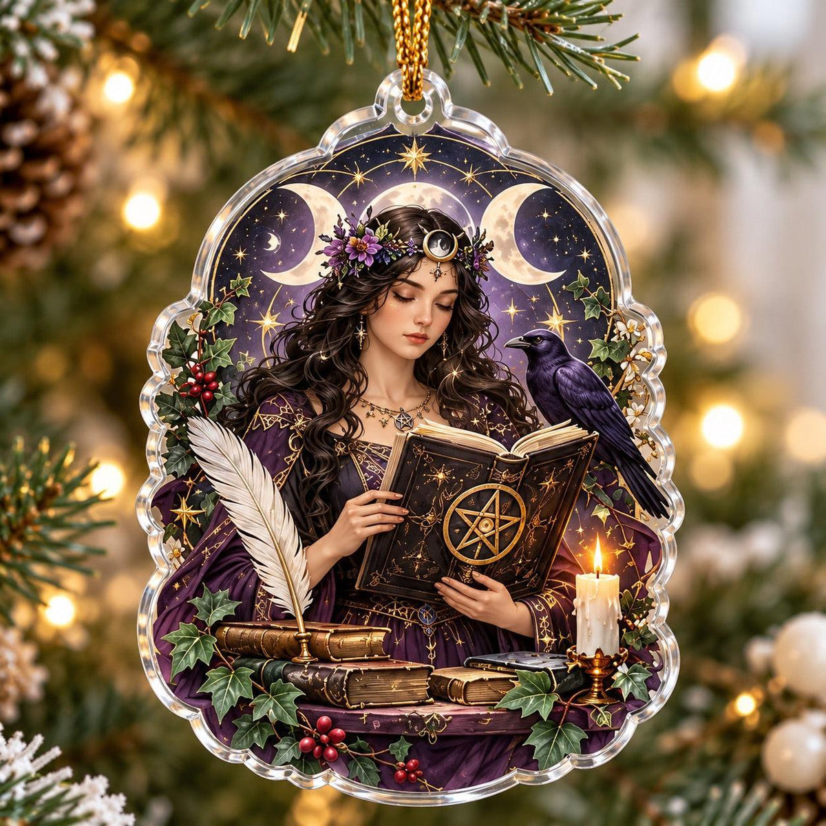 Wiccan Moon Goddess Acrylic Ornament Set – Triple Moon Yule Decor – Book of Shadows ornament