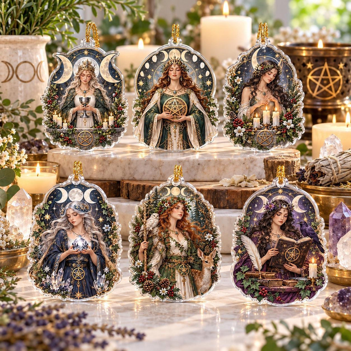 Wiccan Moon Goddess Acrylic Ornament Set – Triple Moon Yule Decor – set of 6 acrylic ornaments