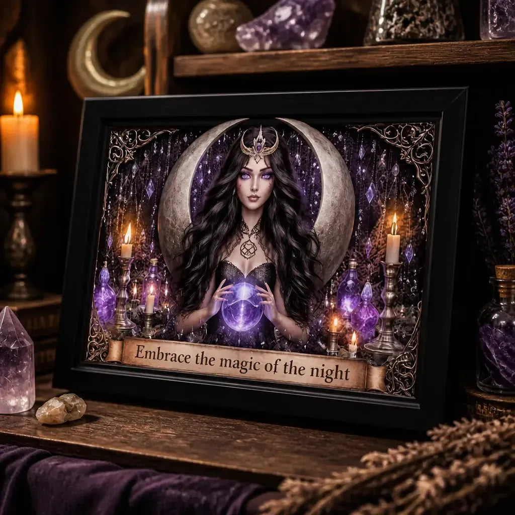 Wiccan Moon Goddess Black Framed Art Print - Witchy Canvas Wall Art for Pagan Altar Decor_mockup_3.webp