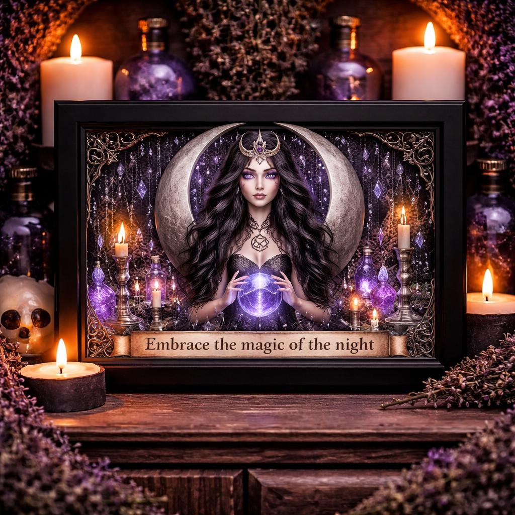 Black framed Wiccan Moon Goddess art print with a purple-eyed witch, crescent moon, and "Embrace the magic of the night" banner.