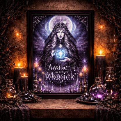 Wiccan Moon Goddess Canvas Wall Art - Black Framed Witchy Art for Magical Space Decor-MoonChildWorld