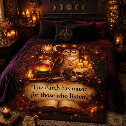 Wiccan Owl Blanket for Pagan Decor - Gothic Skull Black Cat Witchy Blanket_mockup_1.webp