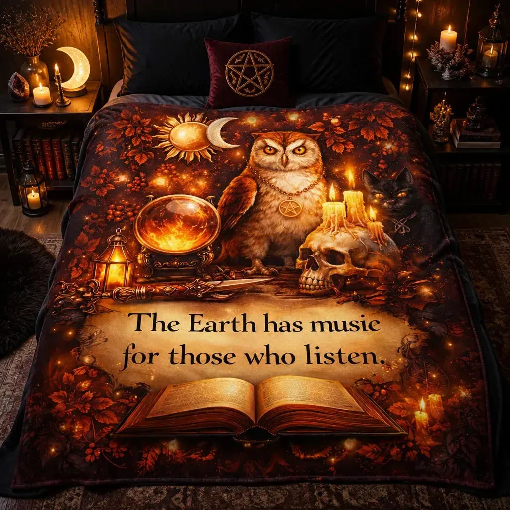 Wiccan Owl Blanket for Pagan Decor - Gothic Skull Black Cat Witchy Blanket_mockup_2.webp