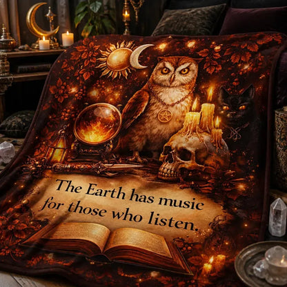 Wiccan Owl Blanket for Pagan Decor - Gothic Skull Black Cat Witchy Blanket_mockup_3.webp