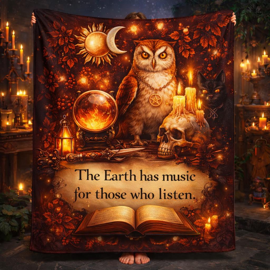 Wiccan Owl Blanket for Pagan Decor - Gothic Skull Black Cat Witchy Blanket-MoonChildWorld