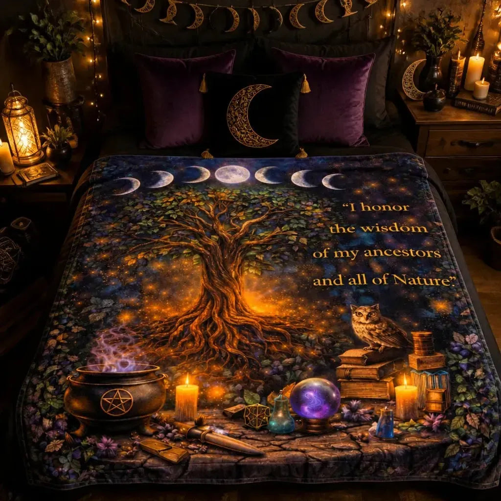 Wiccan Pagan Blanket with Tree of Life, Moon Phases and Mystical Elements_mockup_1.webp