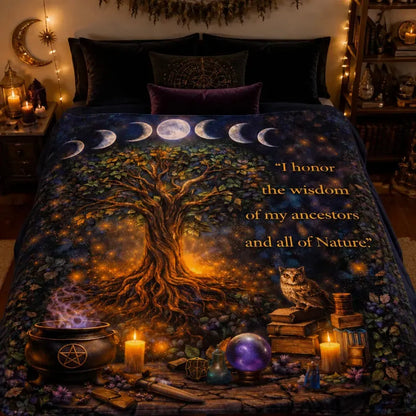 Wiccan Pagan Blanket with Tree of Life, Moon Phases and Mystical Elements_mockup_2.webp