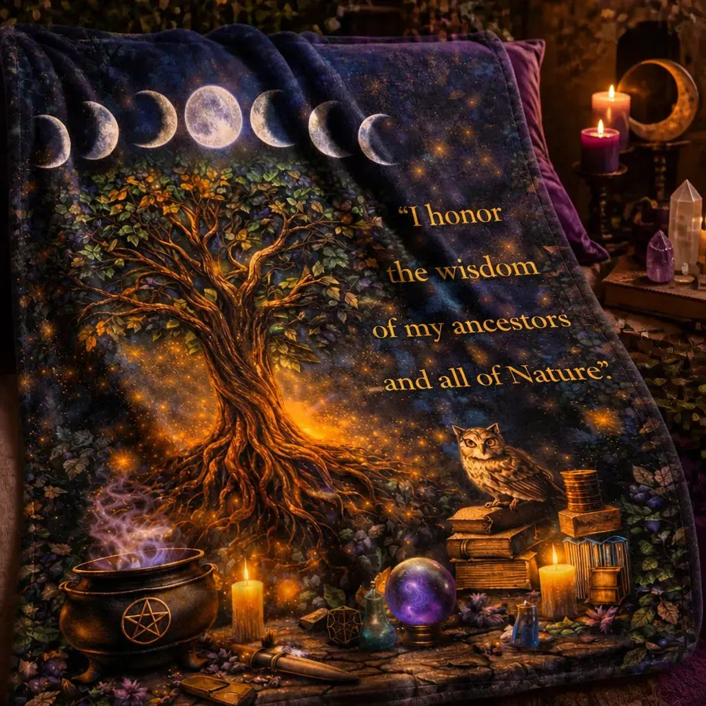 Wiccan Pagan Blanket with Tree of Life, Moon Phases and Mystical Elements_mockup_3.webp