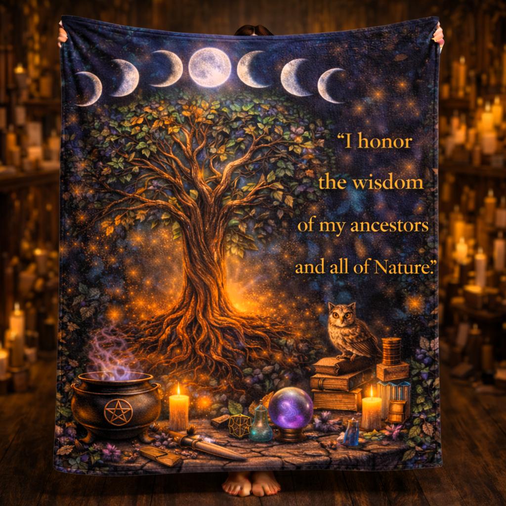 Wiccan Pagan Blanket with Tree of Life, Moon Phases and Mystical Elements-MoonChildWorld