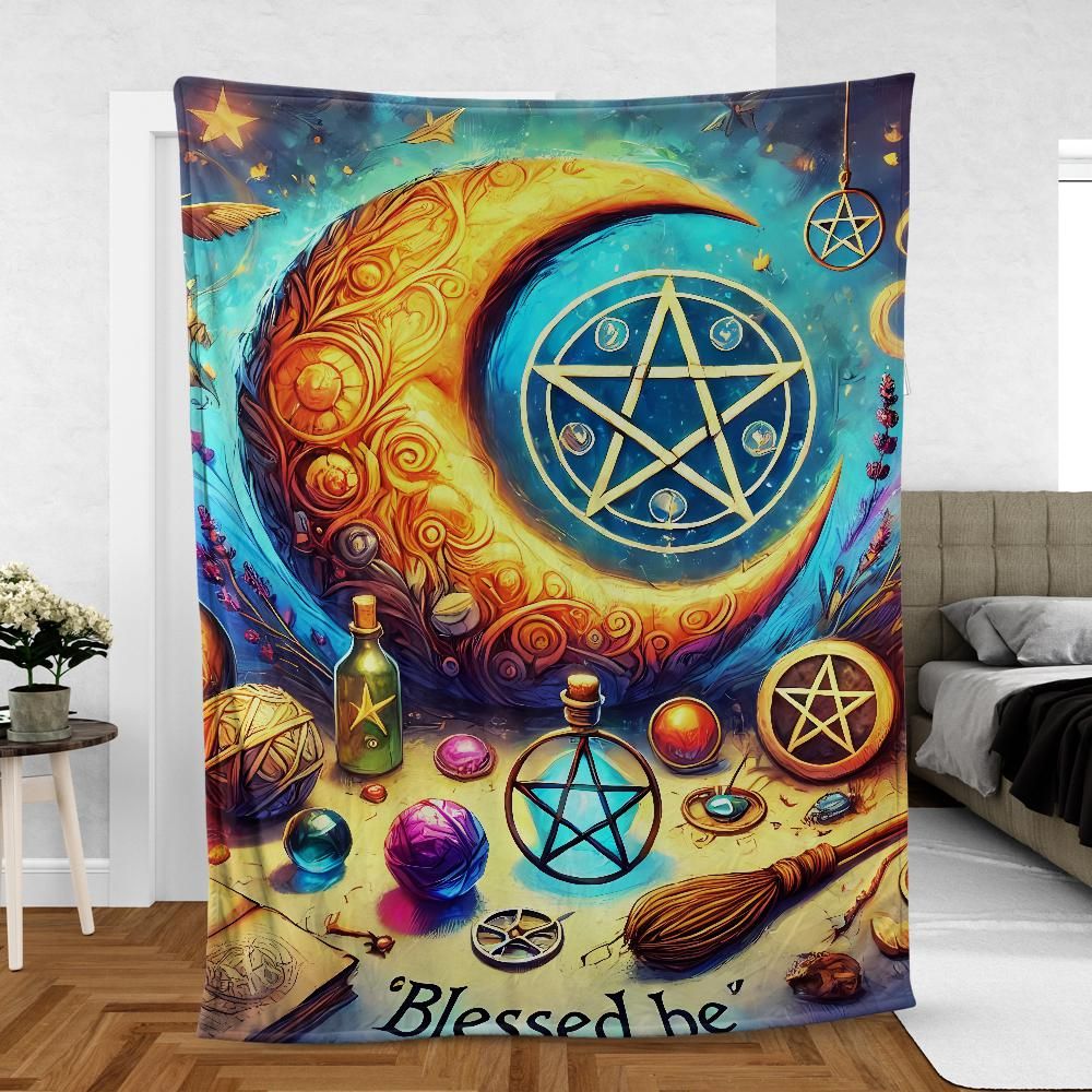 Wiccan Pentacle Moon Blanket – Mystical Pagan Home Decor with Cosmic Energy-MoonChildWorld