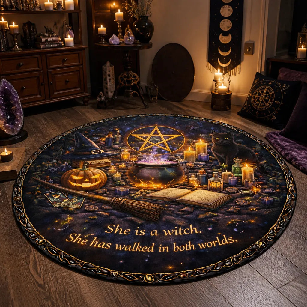 Wiccan Pentacle Pumpkin Cauldron Gothic Round Rug - Witchy Halloween Carpet Home Decor_mockup_1.webp