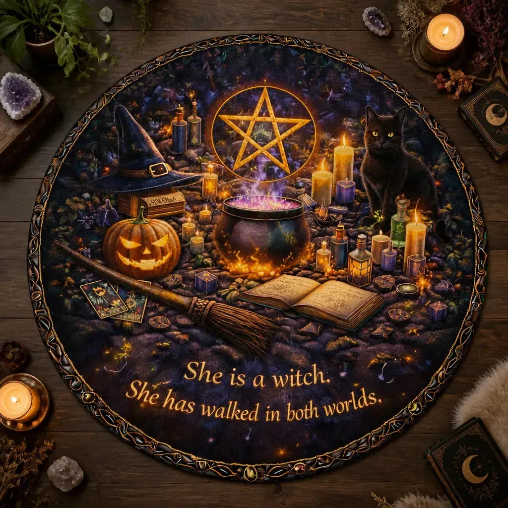 Wiccan Pentacle Pumpkin Cauldron Gothic Round Rug - Witchy Halloween Carpet Home Decor_mockup_2.webp