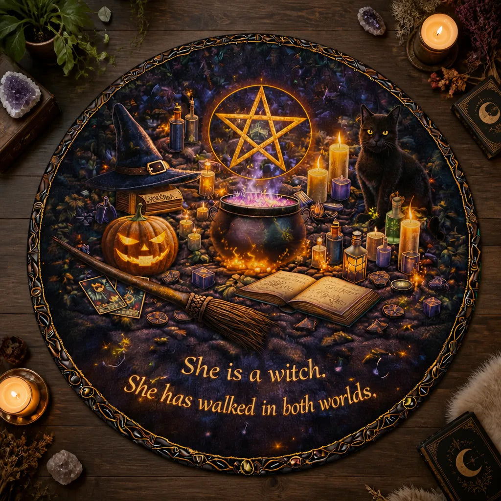Wiccan Pentacle Pumpkin Cauldron Gothic Round Rug - Witchy Halloween Carpet Home Decor_mockup_2.webp