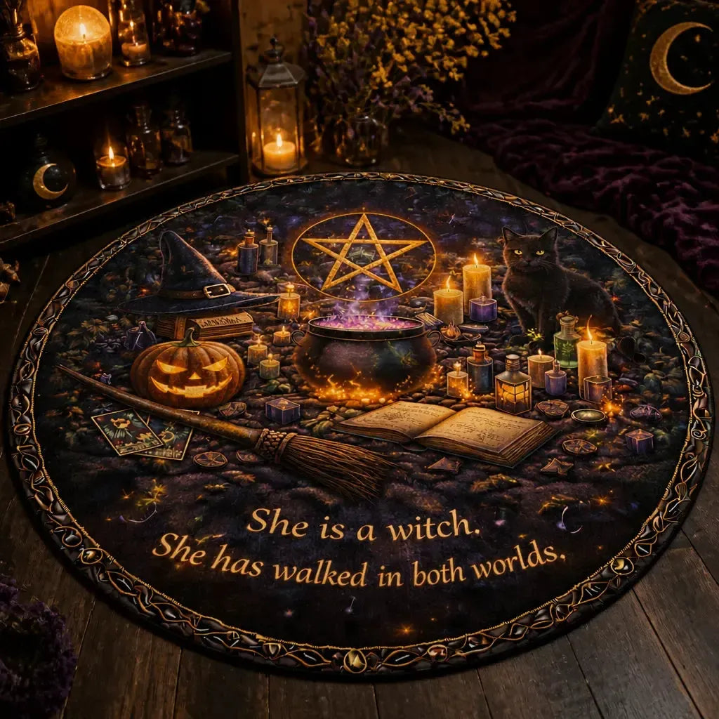 Wiccan Pentacle Pumpkin Cauldron Gothic Round Rug - Witchy Halloween Carpet Home Decor_mockup_3.webp