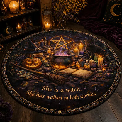 Wiccan Pentacle Pumpkin Cauldron Gothic Round Rug - Witchy Halloween Carpet Home Decor_mockup_3.webp