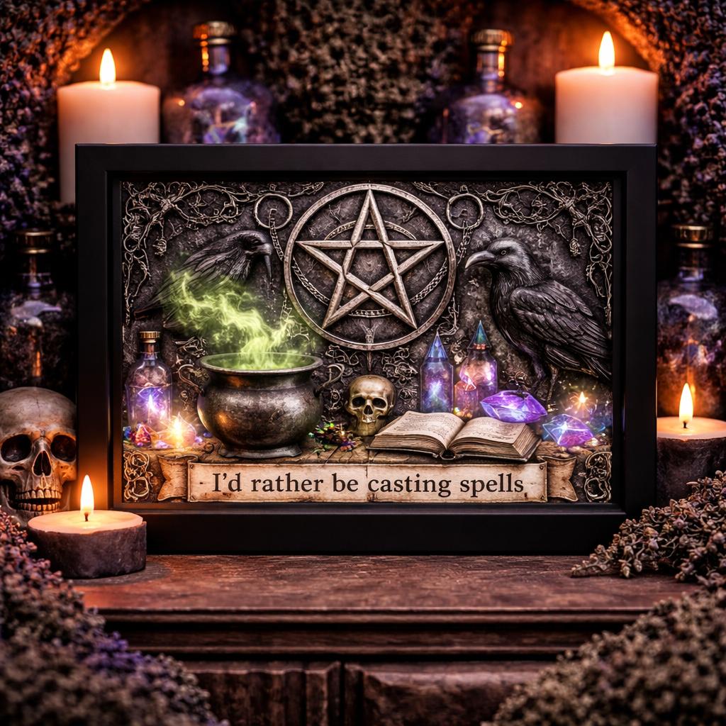 Wiccan Pentacle Wall Art with Raven - Black Framed Canvas Print for Halloween Gothic Spiritual Decor-MoonChildWorld