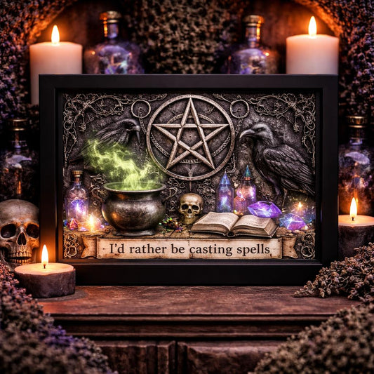 Black framed Wiccan pentacle wall art with ravens, cauldron, and "I'd rather be casting spells" text.