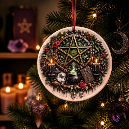 Wiccan Pentacle Yule Ceramic Ornament Pagan Yule Decor - Witchcraft Christmas Tree Charm_mockup_1.webp