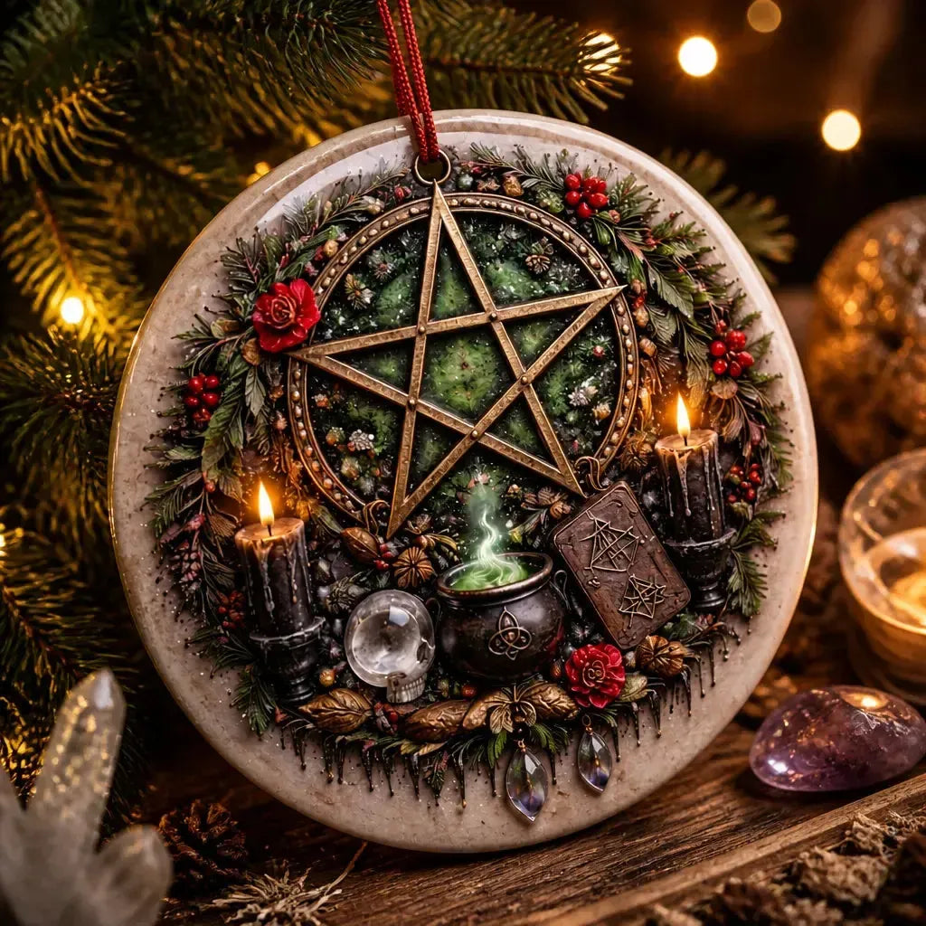 Wiccan Pentacle Yule Ceramic Ornament Pagan Yule Decor - Witchcraft Christmas Tree Charm_mockup_2.webp
