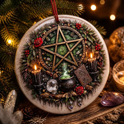 Wiccan Pentacle Yule Ceramic Ornament Pagan Yule Decor - Witchcraft Christmas Tree Charm_mockup_2.webp