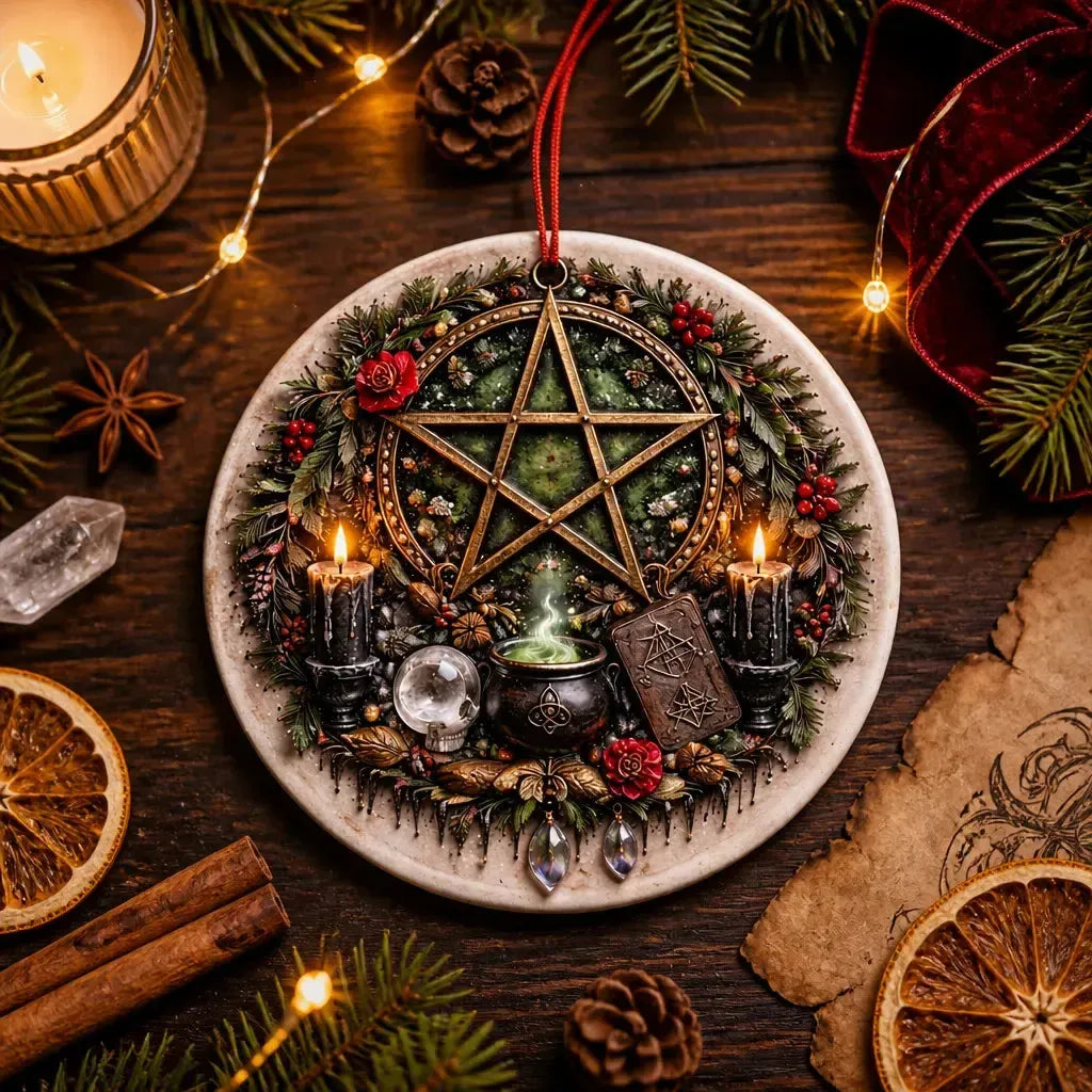 Wiccan Pentacle Yule Ceramic Ornament Pagan Yule Decor - Witchcraft Christmas Tree Charm_mockup_3.webp