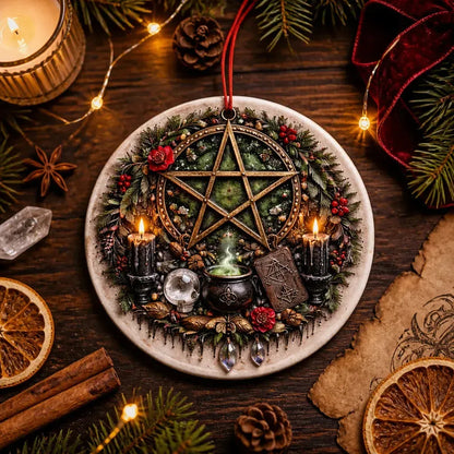 Wiccan Pentacle Yule Ceramic Ornament Pagan Yule Decor - Witchcraft Christmas Tree Charm_mockup_3.webp