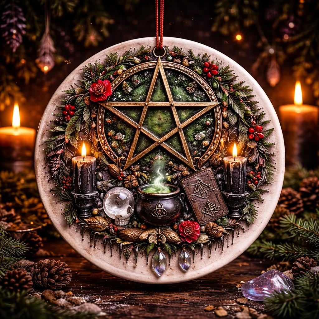 Wiccan Pentacle Yule Ceramic Ornament Pagan Yule Decor - Witchcraft Christmas Tree Charm-MoonChildWorld