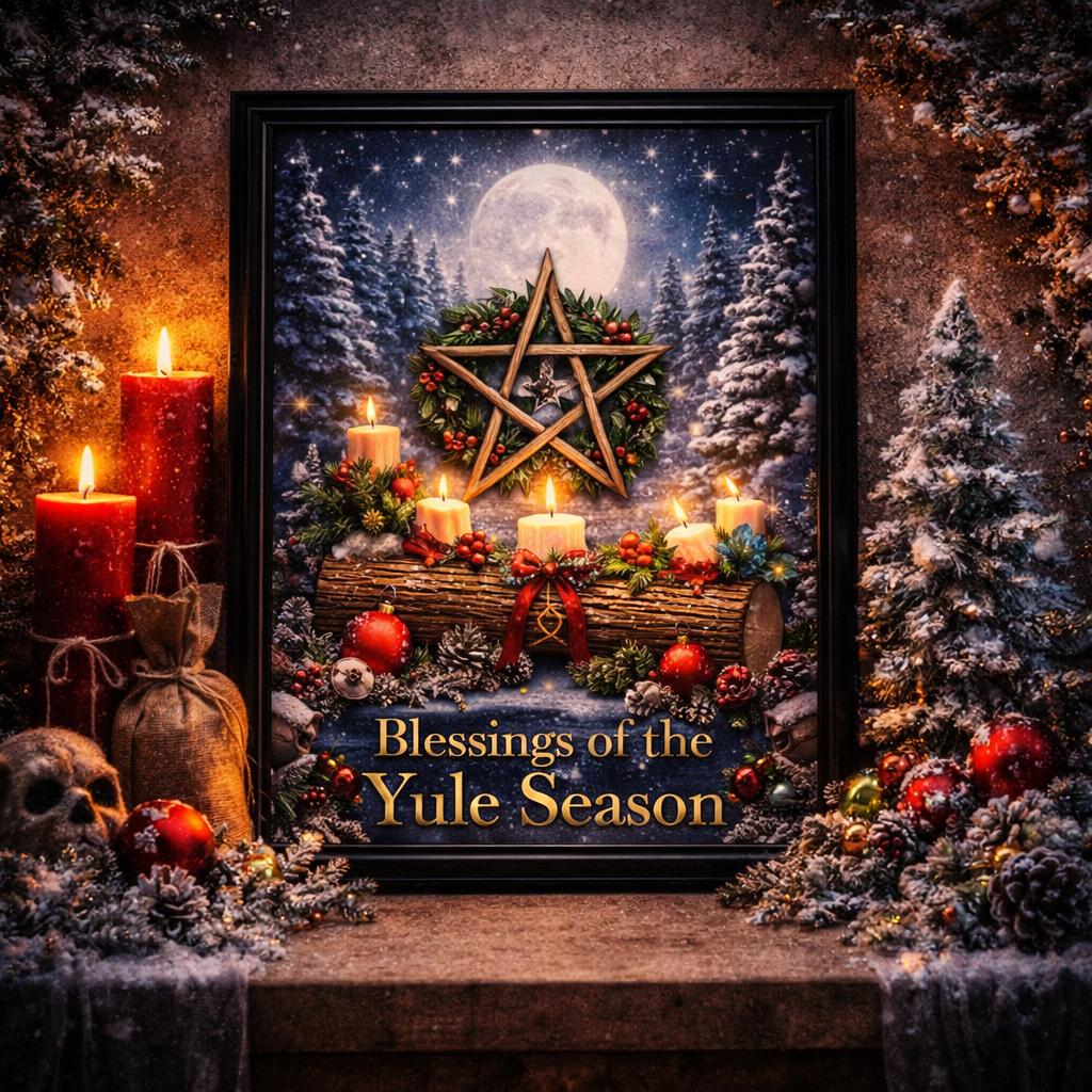 Black framed Wiccan Pentagram canvas art with "Blessings of the Yule Season" text, surrounded by candles and winter decor.