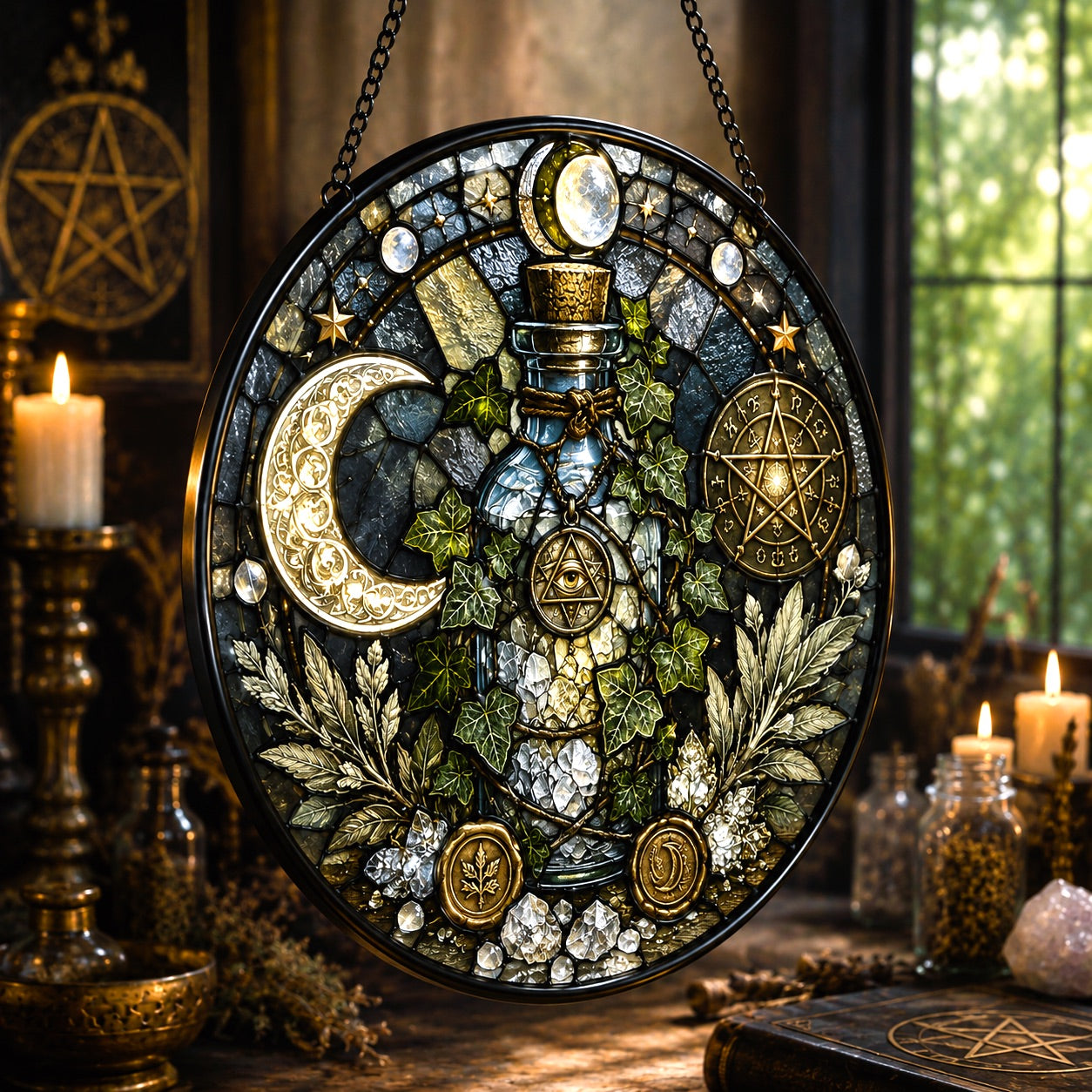 Wiccan Protection Spell Bottle Glass Suncatcher - hanging view