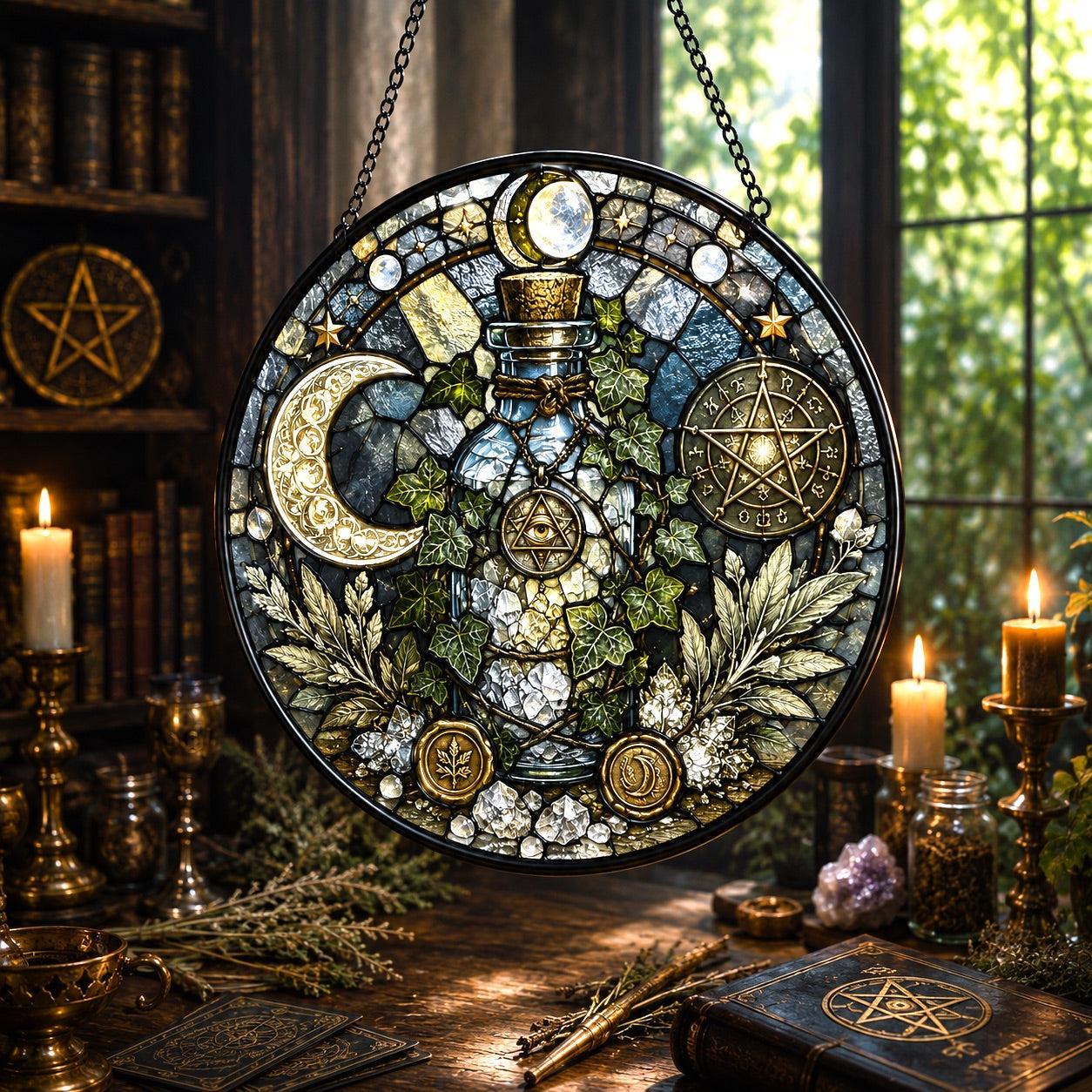 Wiccan Protection Spell Bottle Glass Suncatcher - sunlight glow