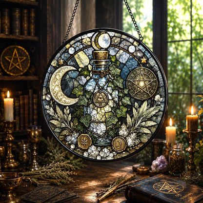 Wiccan Protection Spell Bottle Glass Suncatcher - sunlight glow
