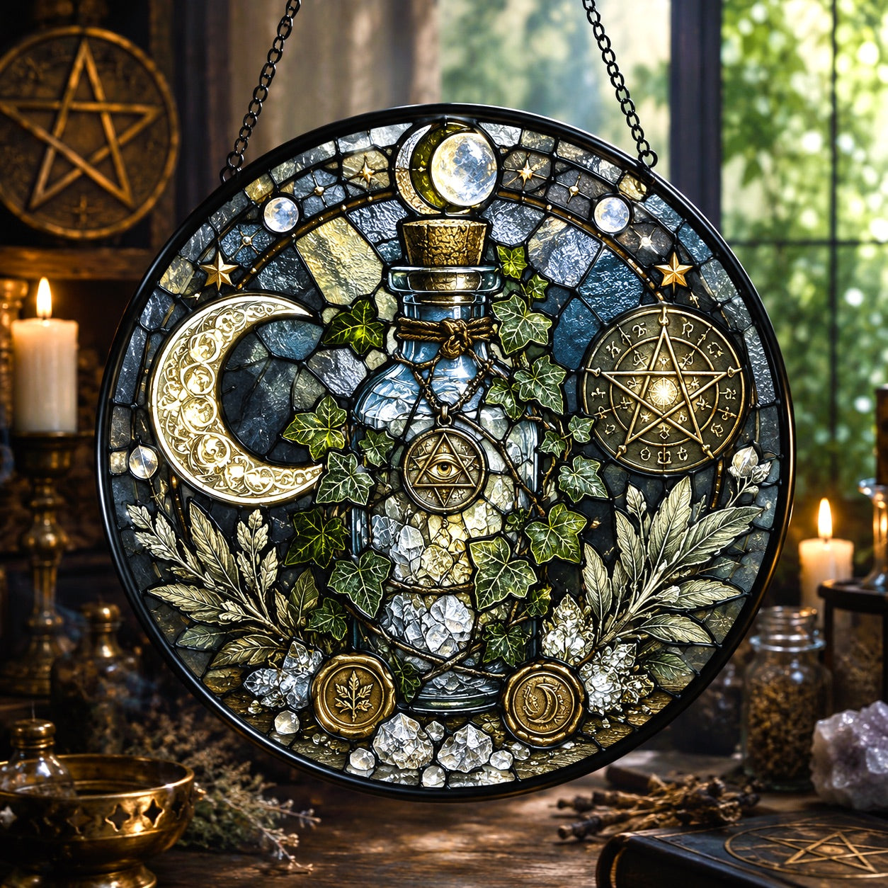 Wiccan Protection Spell Bottle Glass Suncatcher - window display