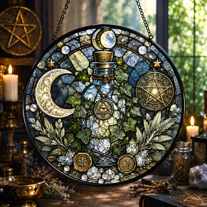 Wiccan Protection Spell Bottle Glass Suncatcher - window display