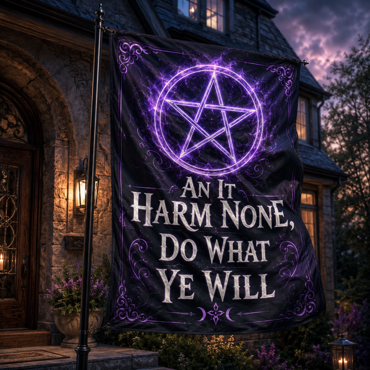 Wiccan Rede house flag with pentacle and moon phases, An It Harm None Do What Ye Will design