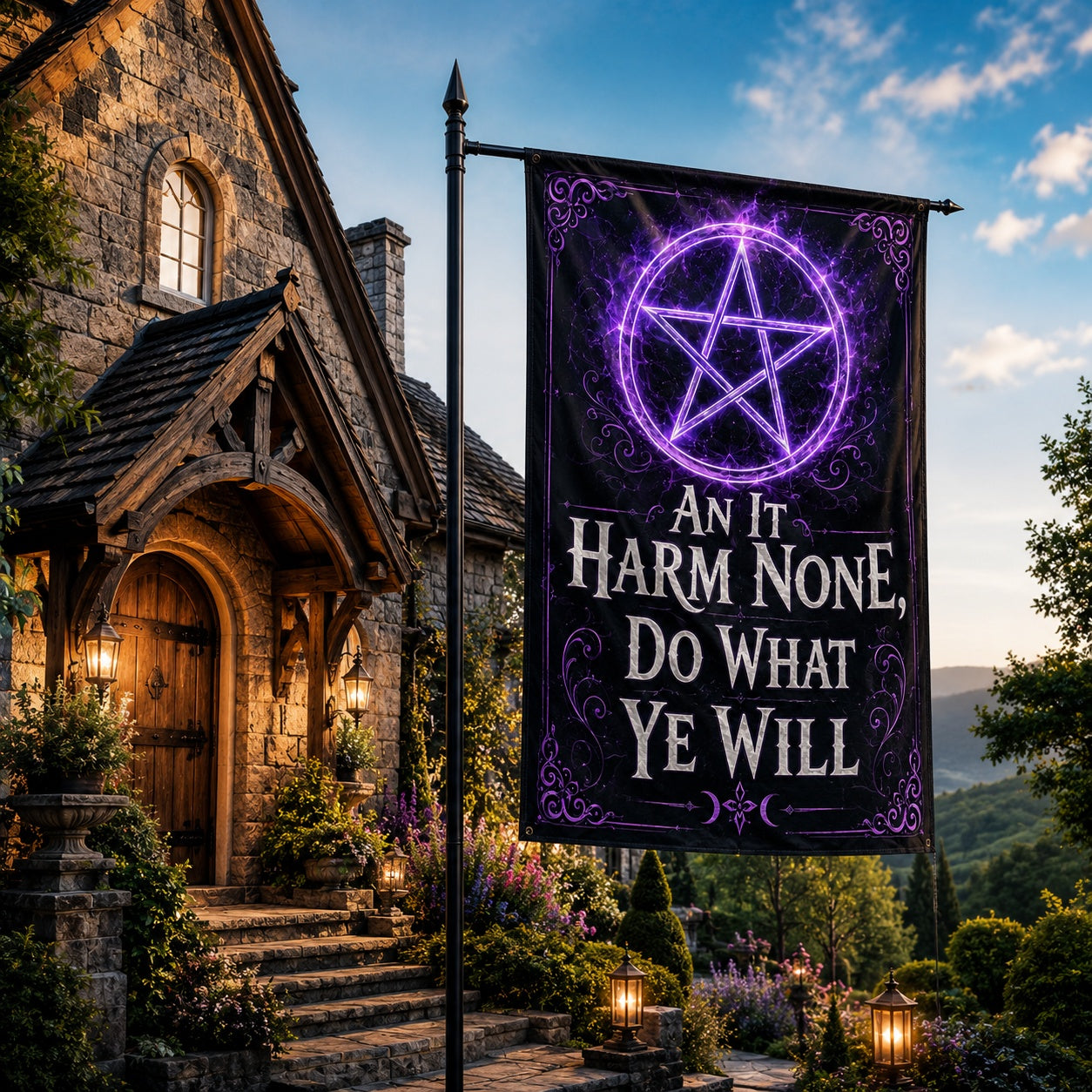 Close-up of Wiccan Rede pentacle house flag showing pagan lettering and symbol detail