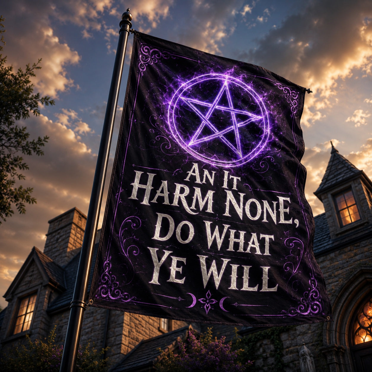 Wiccan Rede house flag mockup hanging on a porch as pagan outdoor decor