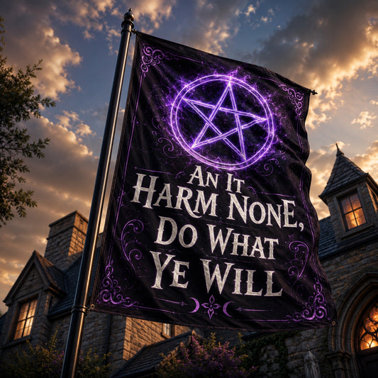 Wiccan Rede house flag mockup hanging on a porch as pagan outdoor decor