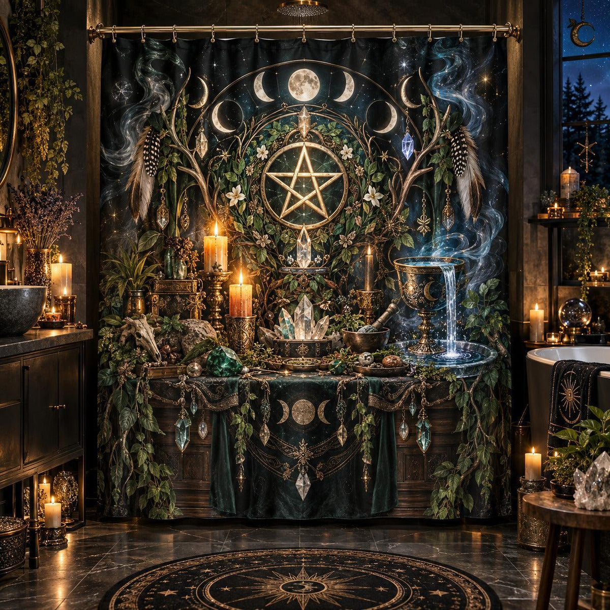 Wiccan Shower Curtain - Pentacle Altar Moon Phase Decor