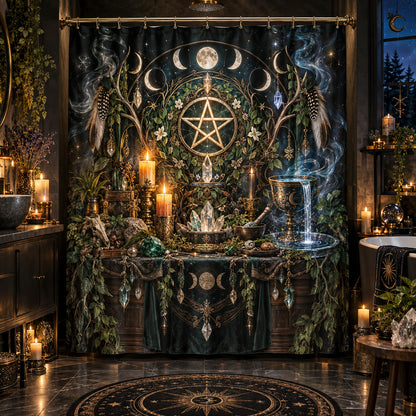 Wiccan Shower Curtain - Pentacle Altar Moon Phase Decor