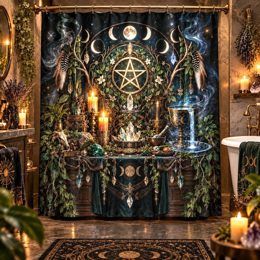 Wiccan Shower Curtain - Pentacle Altar Moon Phase Decor
