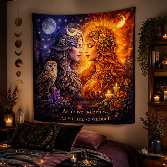 Wiccan Sun Goddess & Moon Goddess Tapestry Pagan Altar Wall Hanging_mockup_1.webp