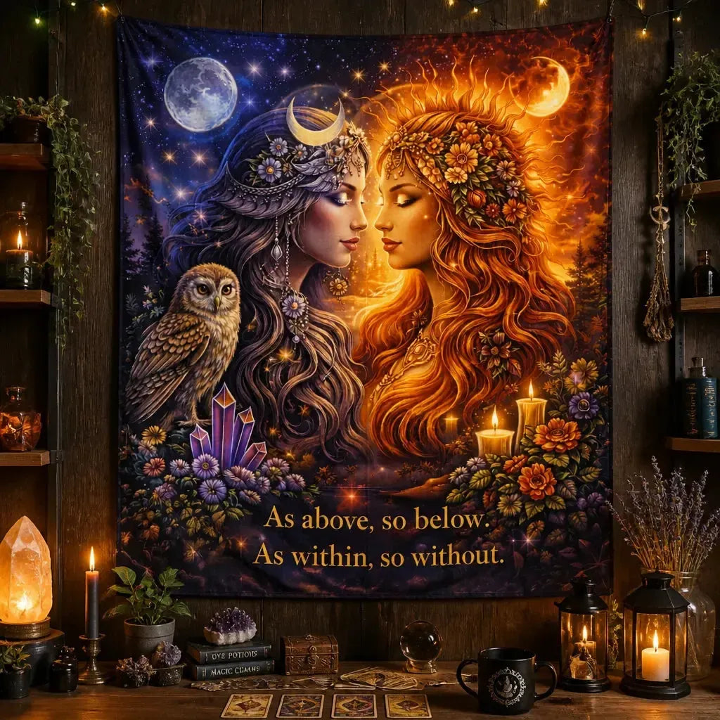 Wiccan Sun Goddess & Moon Goddess Tapestry Pagan Altar Wall Hanging_mockup_2.webp